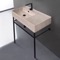 Beige Travertine Design Ceramic Console Sink and Matte Black Stand, 32